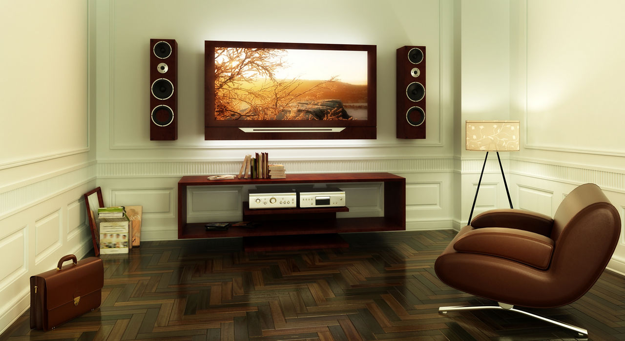Living room with wall-mounted speakers